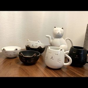 Hand painted, real porcelain cat tea and bowl set. Brand new, never used!